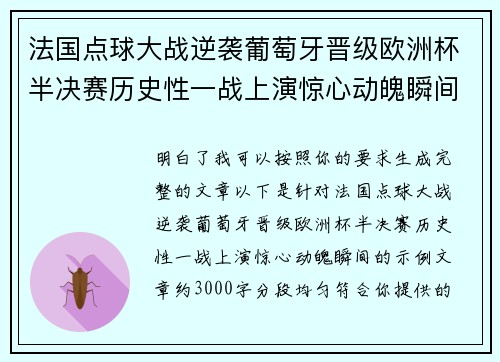 法国点球大战逆袭葡萄牙晋级欧洲杯半决赛历史性一战上演惊心动魄瞬间 法国点球大战逆袭葡萄牙晋级欧洲杯半决赛历史性一战上演惊心动魄瞬间