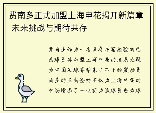 费南多正式加盟上海申花揭开新篇章 未来挑战与期待共存